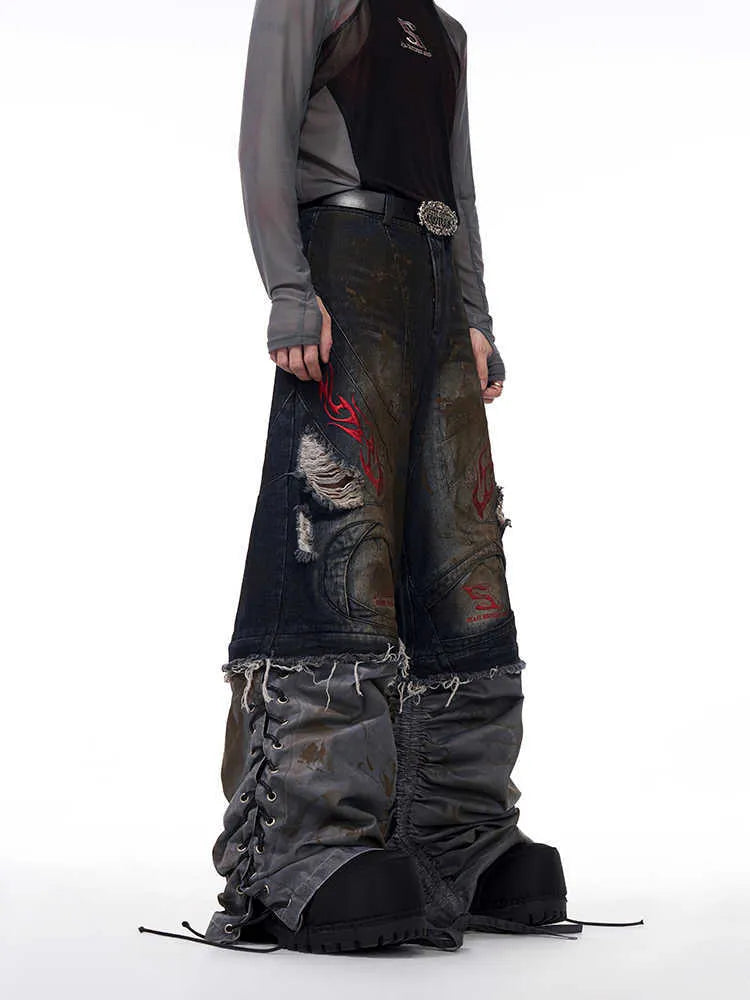 Men's retro jeans with detachable trouser legs showing mid-high waist and wide leg design