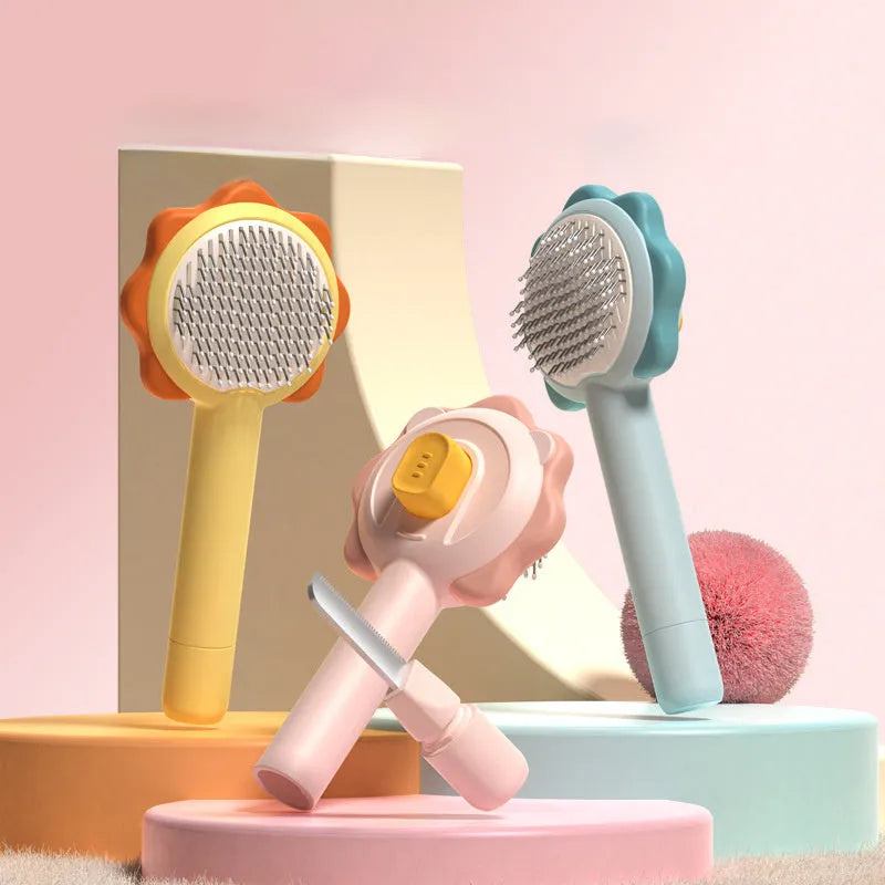 One-click cat comb in stainless steel, 200x90x50mm, with open knot small comb, available in Blue, Pink, or Yellow