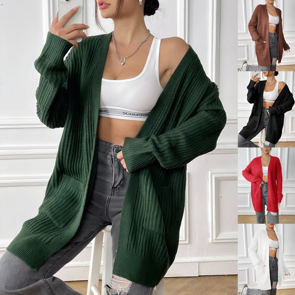 Women's double pocket acrylic cardigan in dark green colour with loose fit design