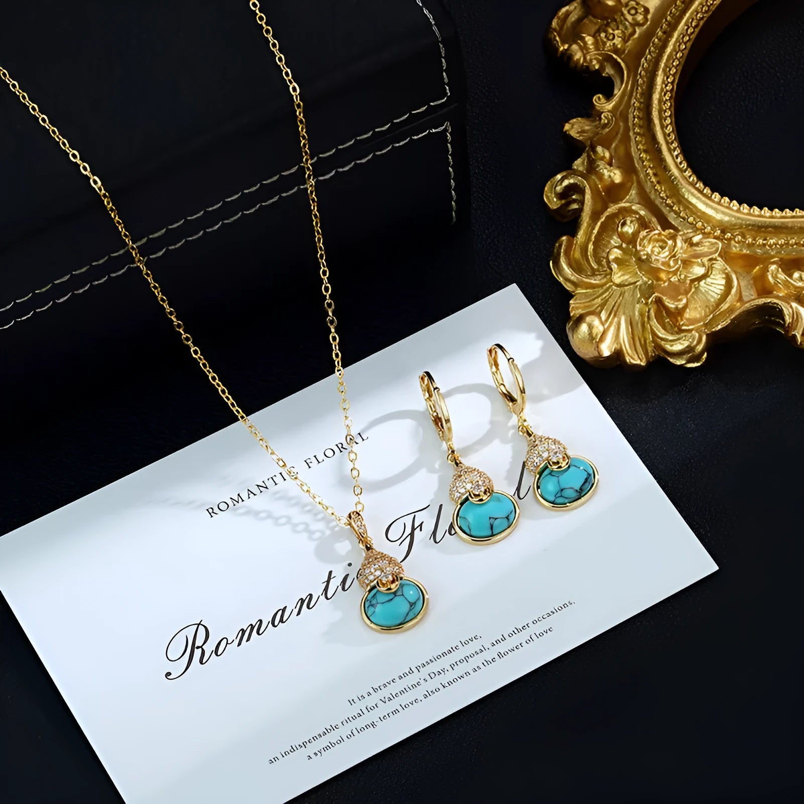 Turquoise gourd flower shape earrings and necklace set on display showing 18K gold plated brass finish