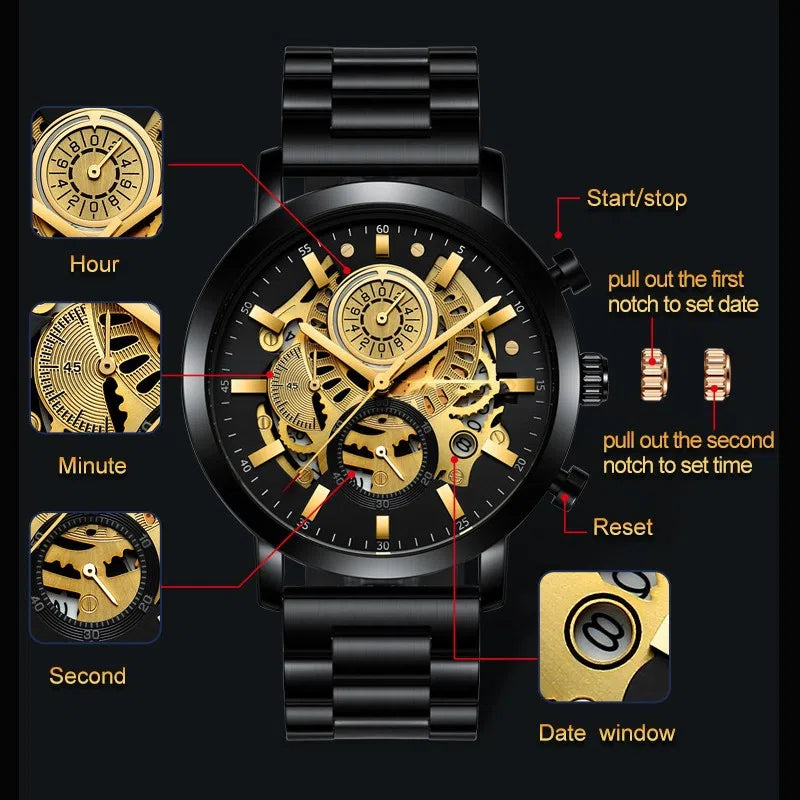 Men's multi-functional calendar watch with hollowed out round 45mm dial, stainless steel strap, gold or silver finish