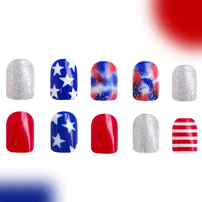 False nails with American flag and star design in red, white, and blue colours, short European square shape