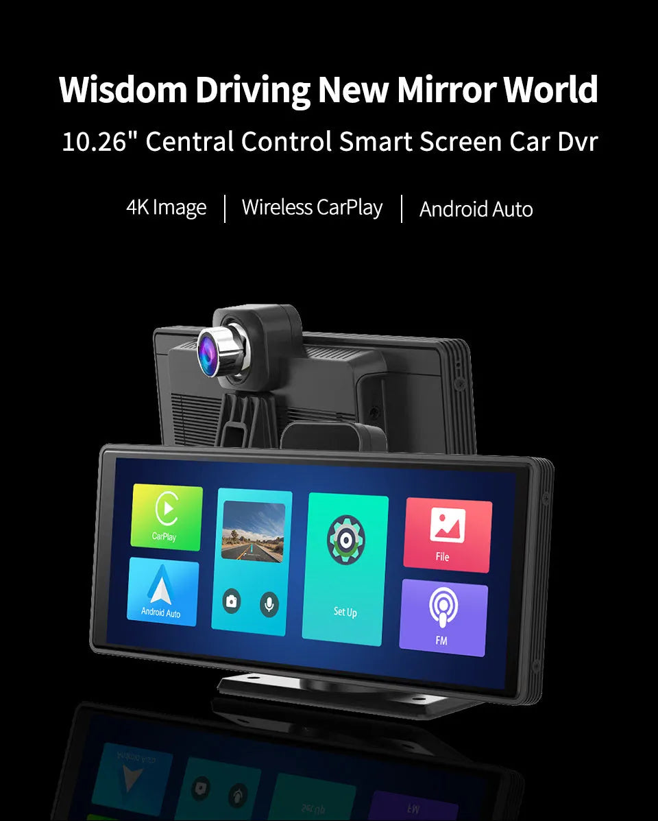 Black car dash cam with 10.26-inch touch screen showing dual camera display