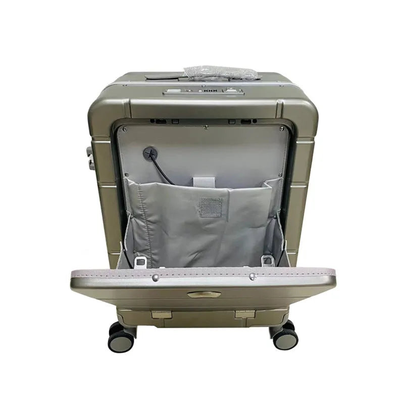 Black 20-inch hard-shell front opening suitcase showing the separate dry wet compartment and universal wheels.