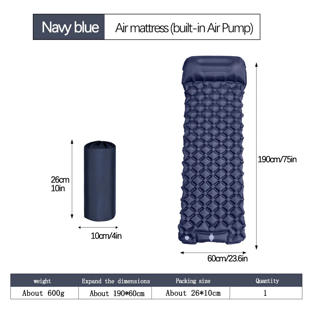 Single TPU inflatable mattress 190x60x5cm with foot pillow, shown in orange, blue, grey, or green