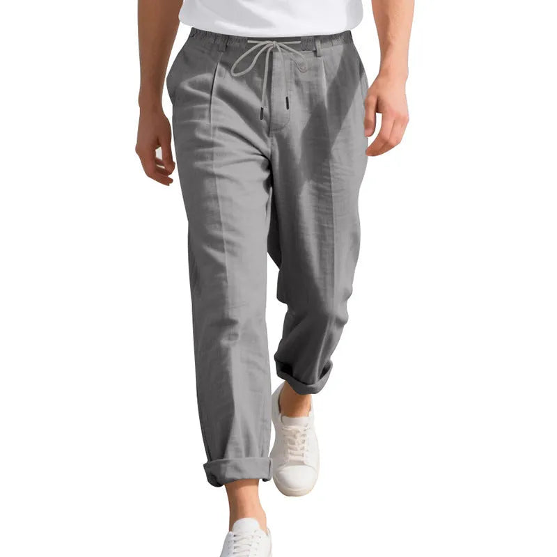 Men's linen casual trousers in army green with drawstring waist and straight leg design