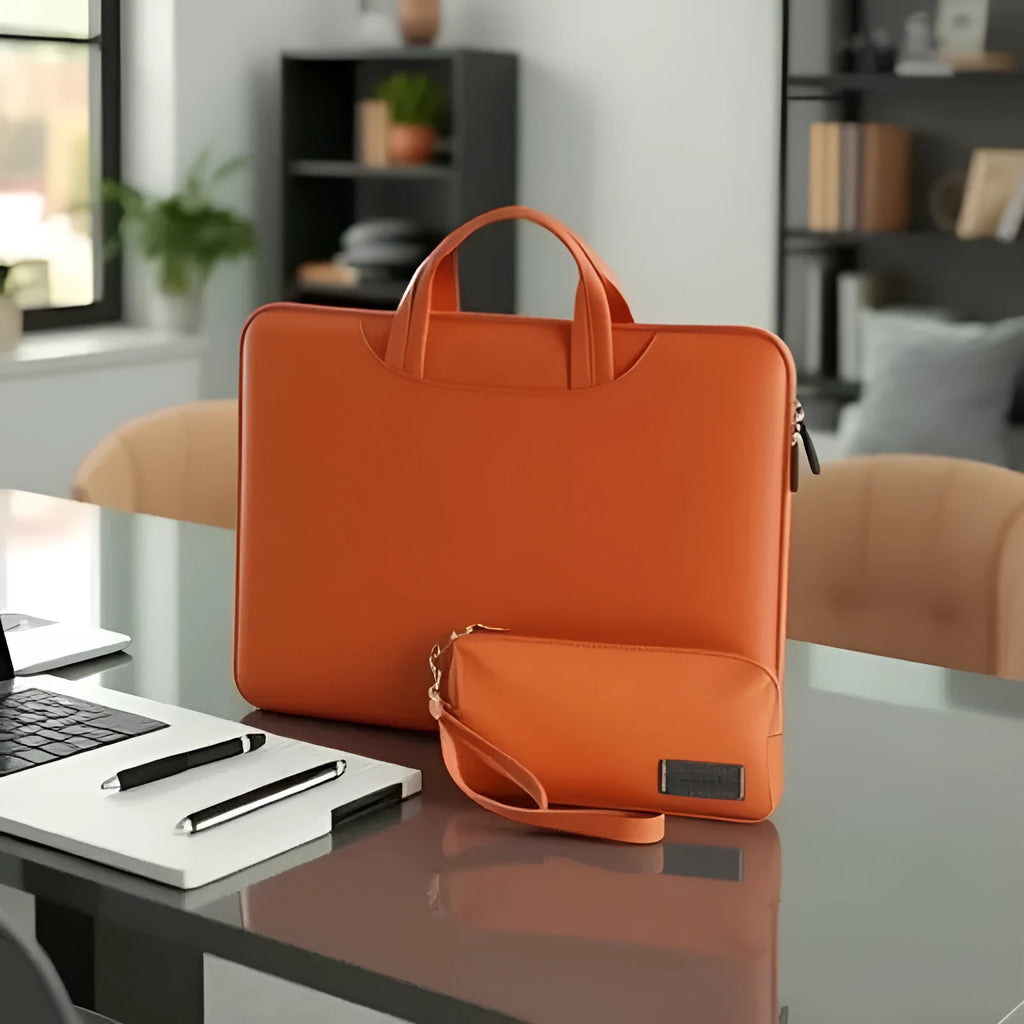 PU leather laptop shoulder bag with integrated power pack in black, brown, pink, or dark grey colour options