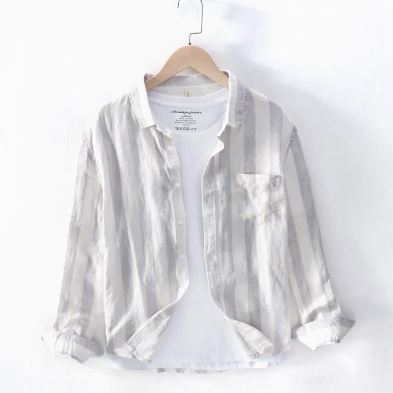Men's loose fit long sleeve Hong Kong style shirt in blue and light grey