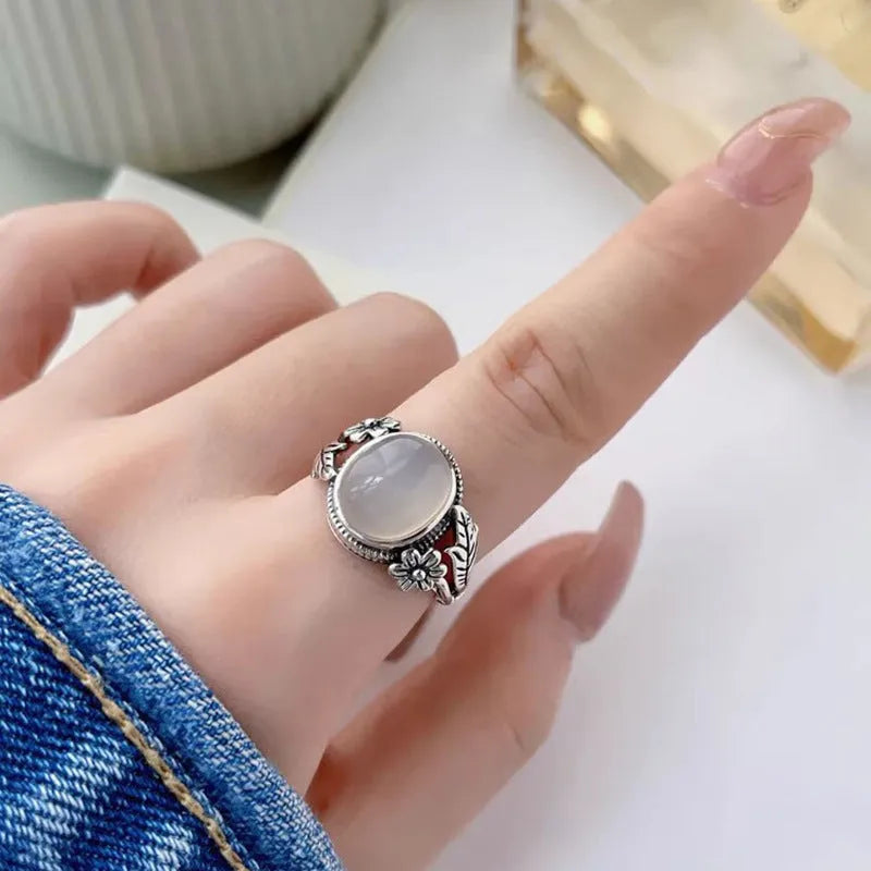 Adjustable vintage copper ring with antique finish and imitation white chalcedony colour