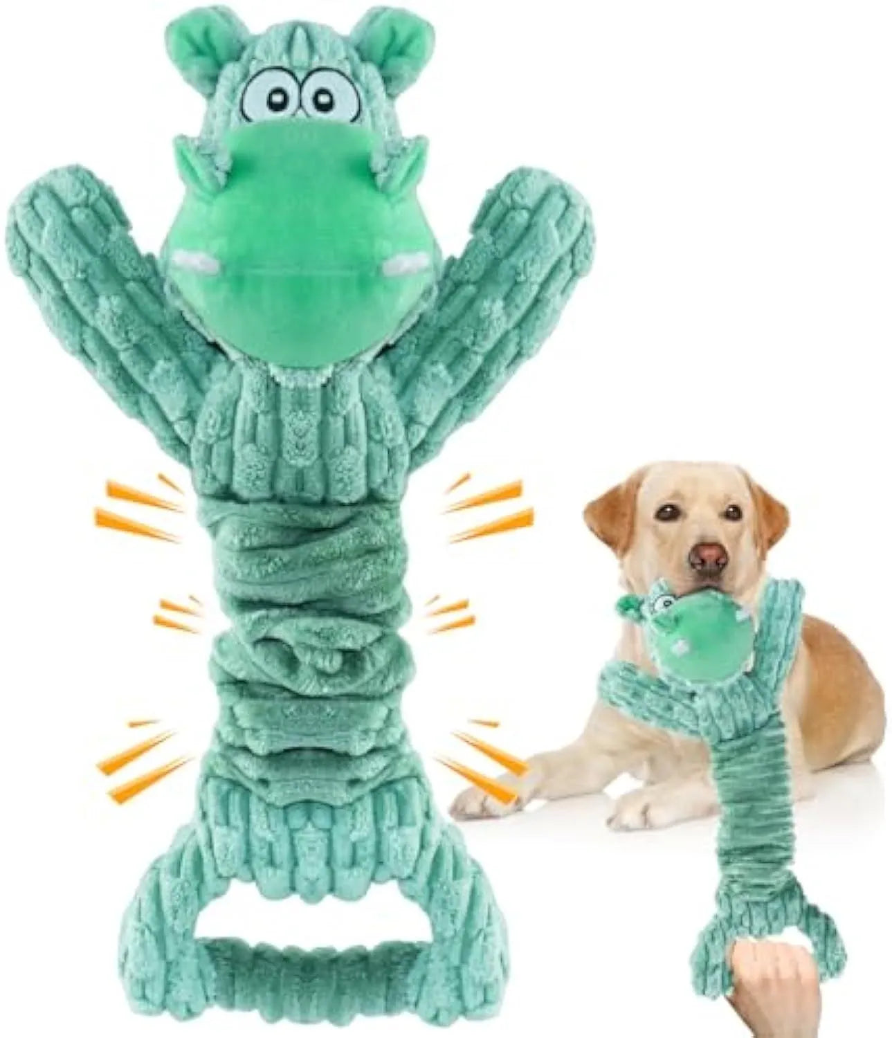 Large squeaky plush dog toy shaped like a hippo or monkey with a tug handle
