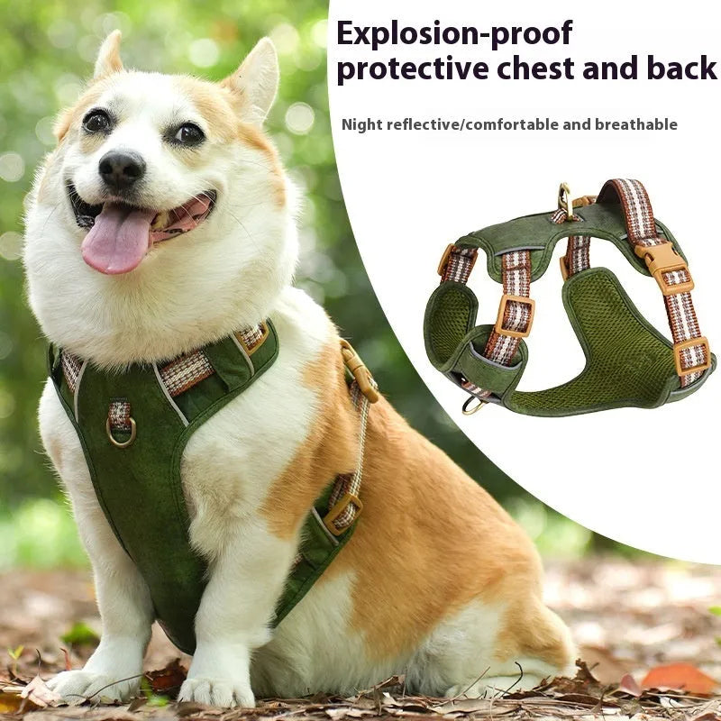 Retro leather pet harness in brown with reflective stripes, explosion-proof design, available in sizes XXS to L