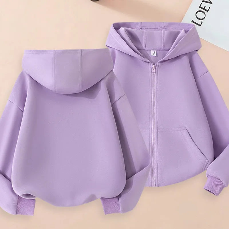 Girl's casual solid colour hoodie in light gray with zipper front, hood, and polyester lining, suitable for 100-160cm height