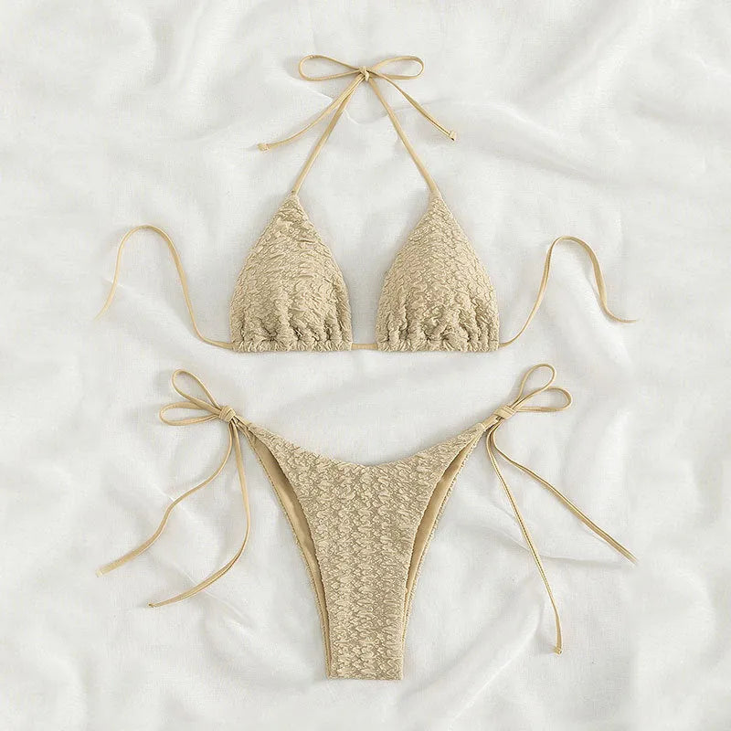 Women's high waist bikini with lace-up front in khaki, blue, pink or black colours