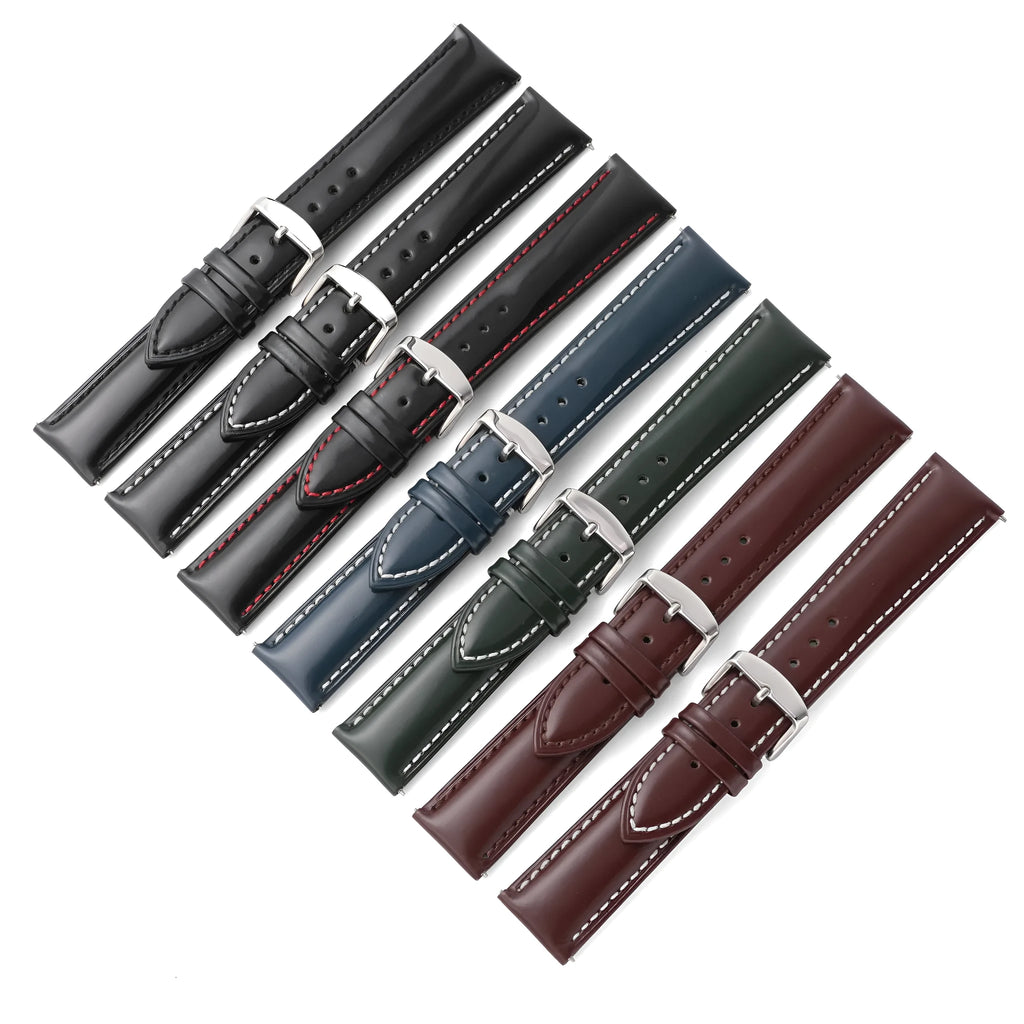 Quick release cowhide leather watch strap showing quick-release spring bar and colour options on a grey background.
