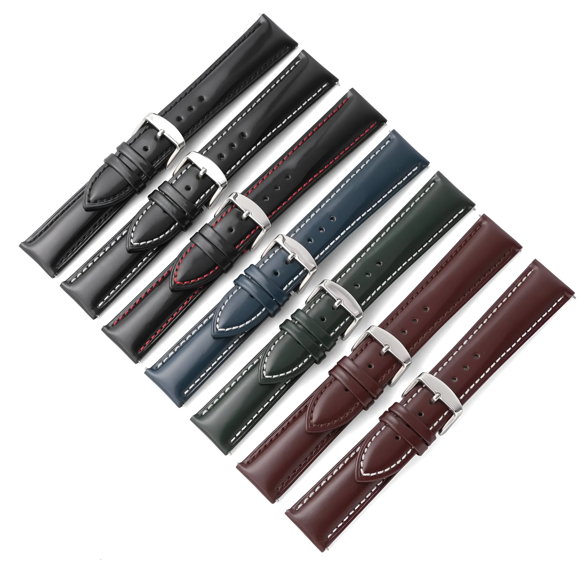 Quick release cowhide leather watch strap showing quick-release spring bar and colour options on a grey background.