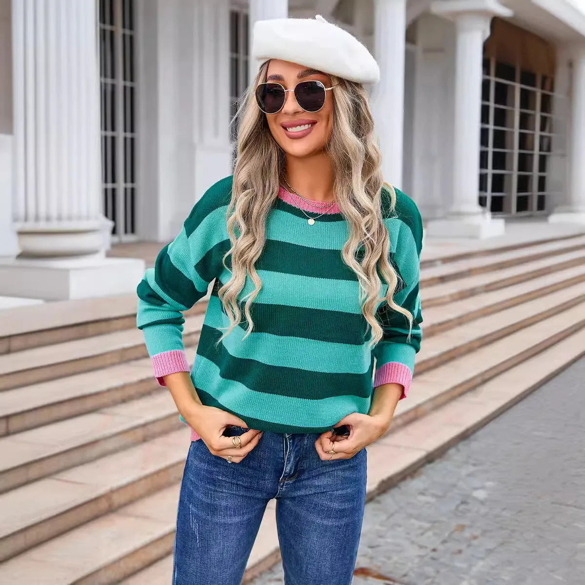 Women's loose fit long sleeve striped acrylic sweater in blue colour