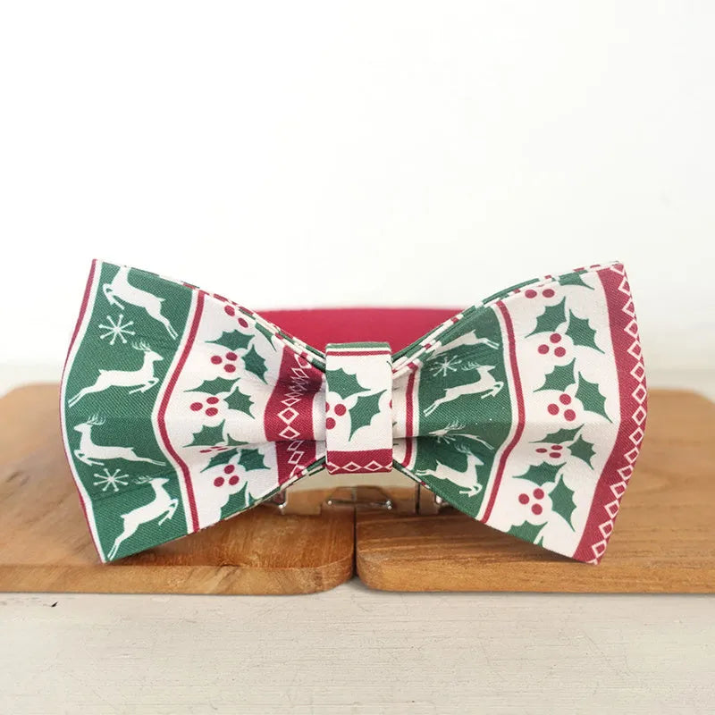 Thicken soft polyester dog collar set Christmas deer design light gold with traction rope and ribbon
