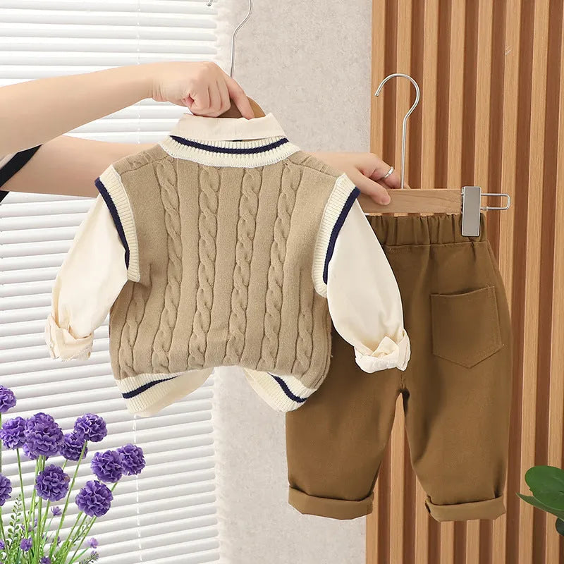 Boys autumn three-piece suit with tie B-shaped sweater pattern, cotton top, trousers, and beige or khaki vest.