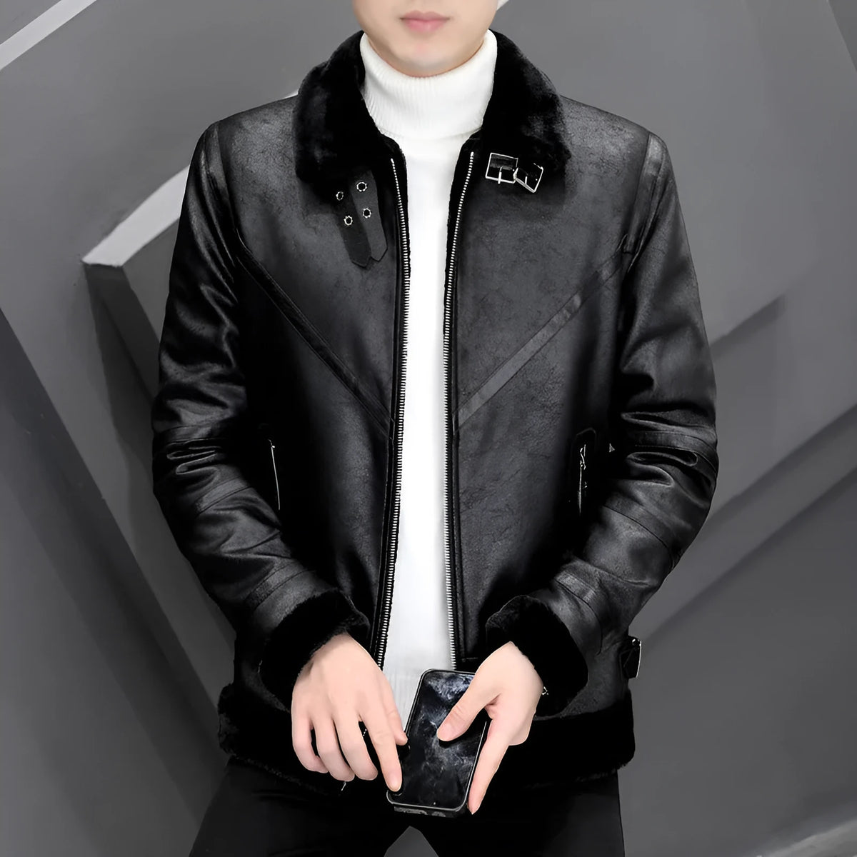 Men's faux leather coat with thick fur collar in grey, black or khaki, regular fit, sizes M to 3XL