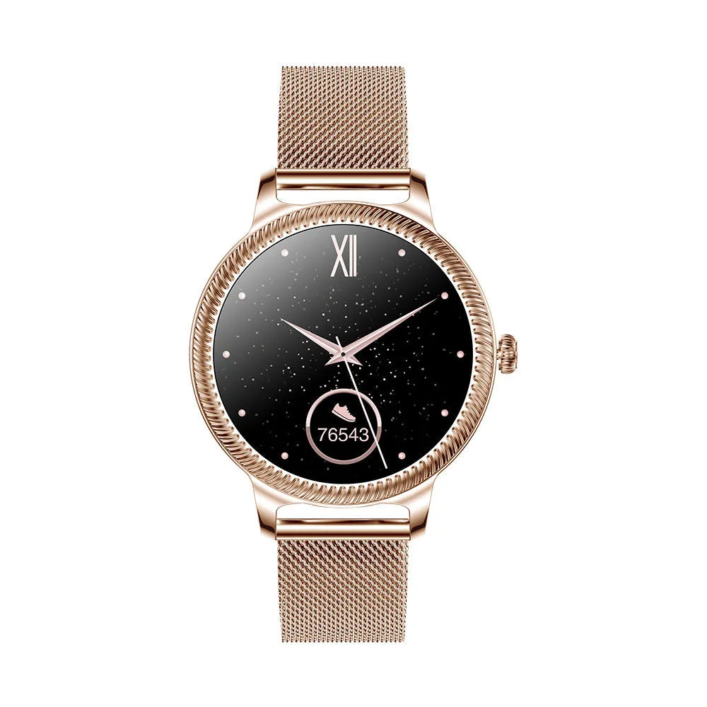 AK38 ladies smart watch with stainless steel Milanese mesh band and colour screen displaying time.