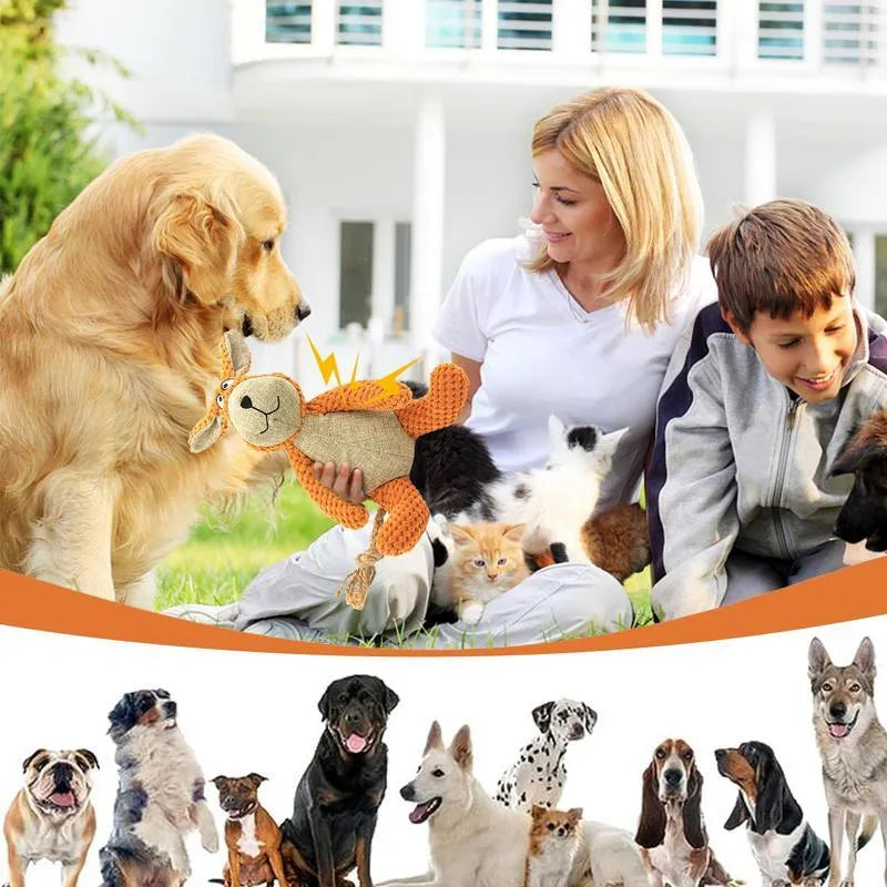 Plush dog chew toy in animal shape with squeaker for teeth cleaning and interactive play