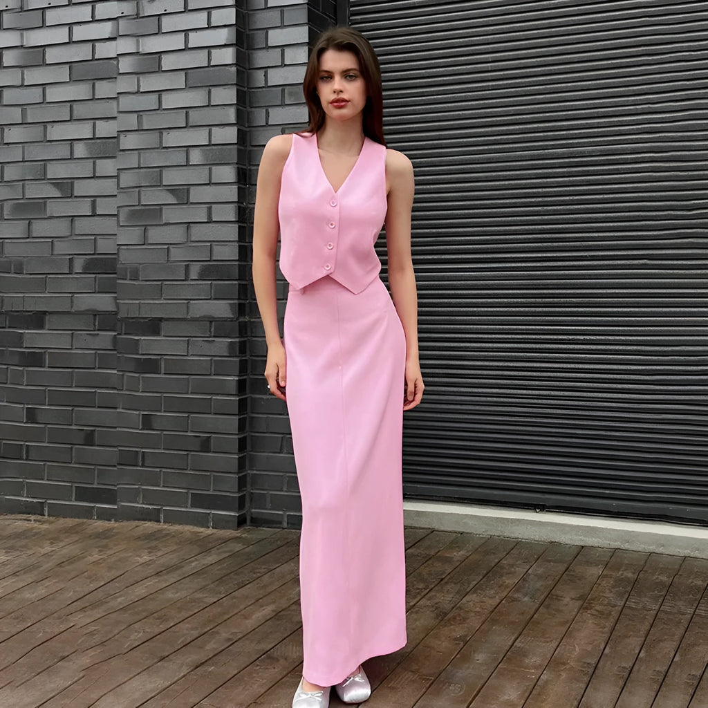 Pink sleeveless vest and long split skirt suit for women, polyester two-piece set in sizes S, M and L