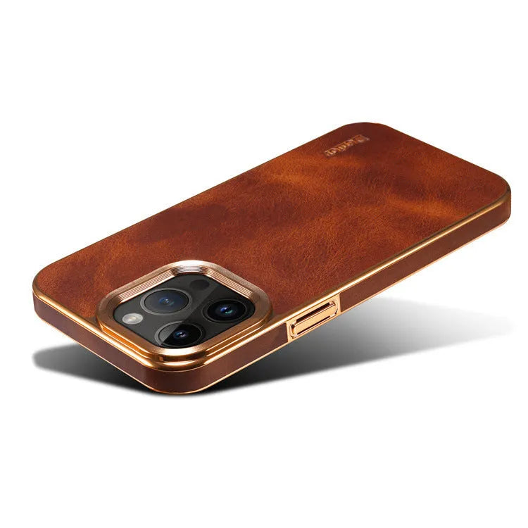 Slim handmade leather protective case for Apple iPhone on a table