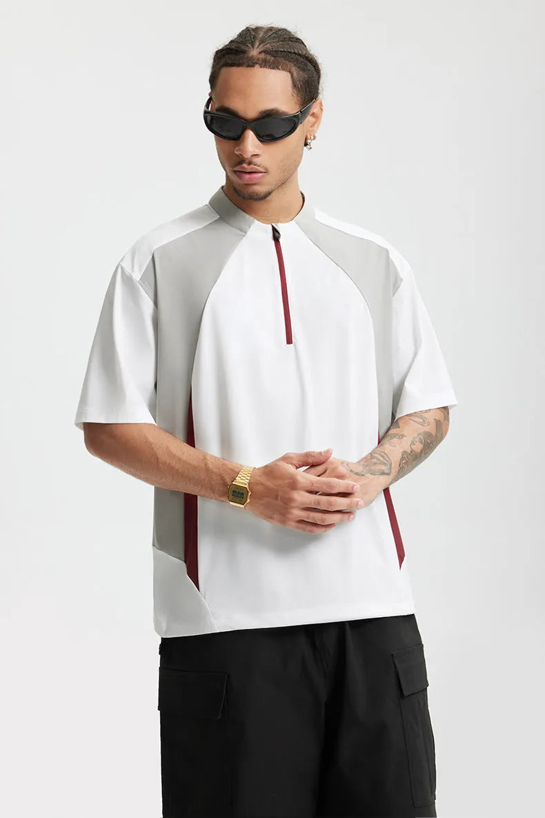 Men's solid colour polyester leisure top showing long and short sleeve options in black and beige colours
