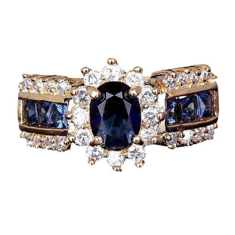 Personalised zinc alloy unisex ring in sunflower blue diamond and square zircon designs on a size chart.