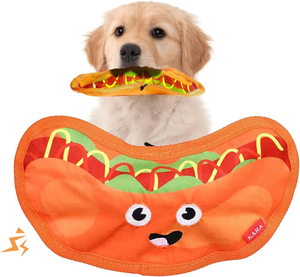 Food-shaped crinkle and squeaky dog toy in hamburger, fries, hot dog, or pizza design for interactive play.