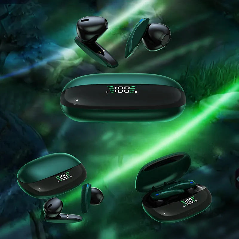 Y2 green wireless Bluetooth gaming earbuds with charging case and LED power display