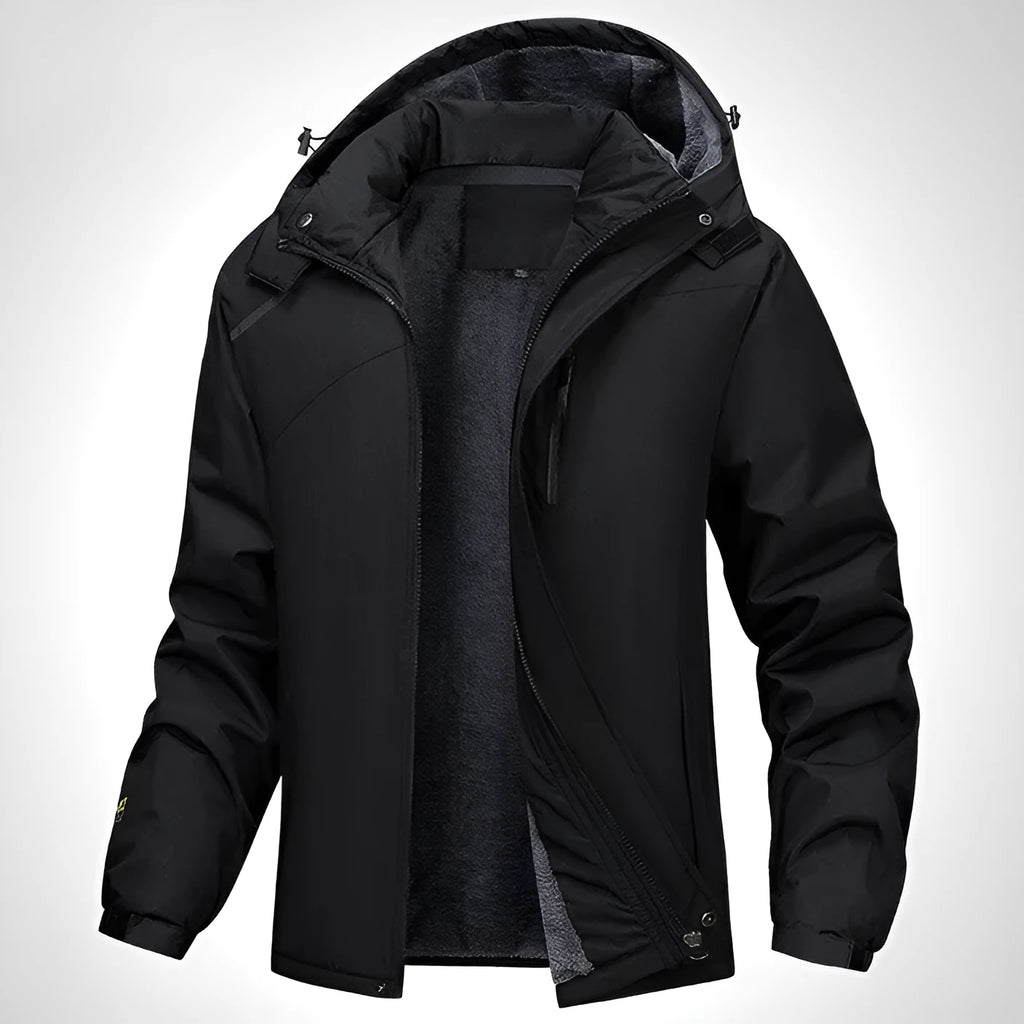 Men's plus size loose hooded coat in Army Green, showing waterproof polyester construction