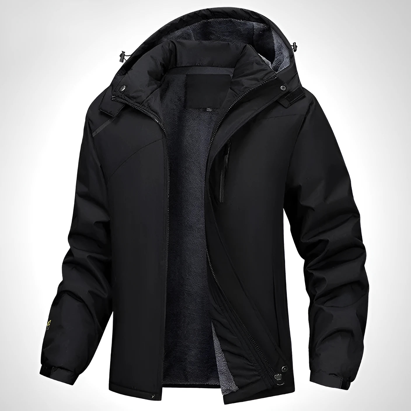 Men's plus size loose hooded coat in Army Green, showing waterproof polyester construction
