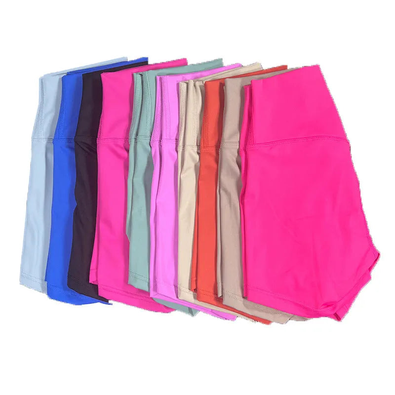 Women's high-waist nylon yoga shorts in various colours for moisture-wicking during exercise