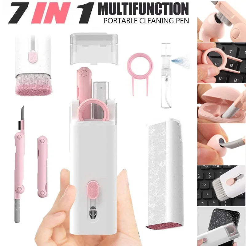 Multifunctional cleaning kit with a double-headed pen, retractable brush, and spray bottle on a white background