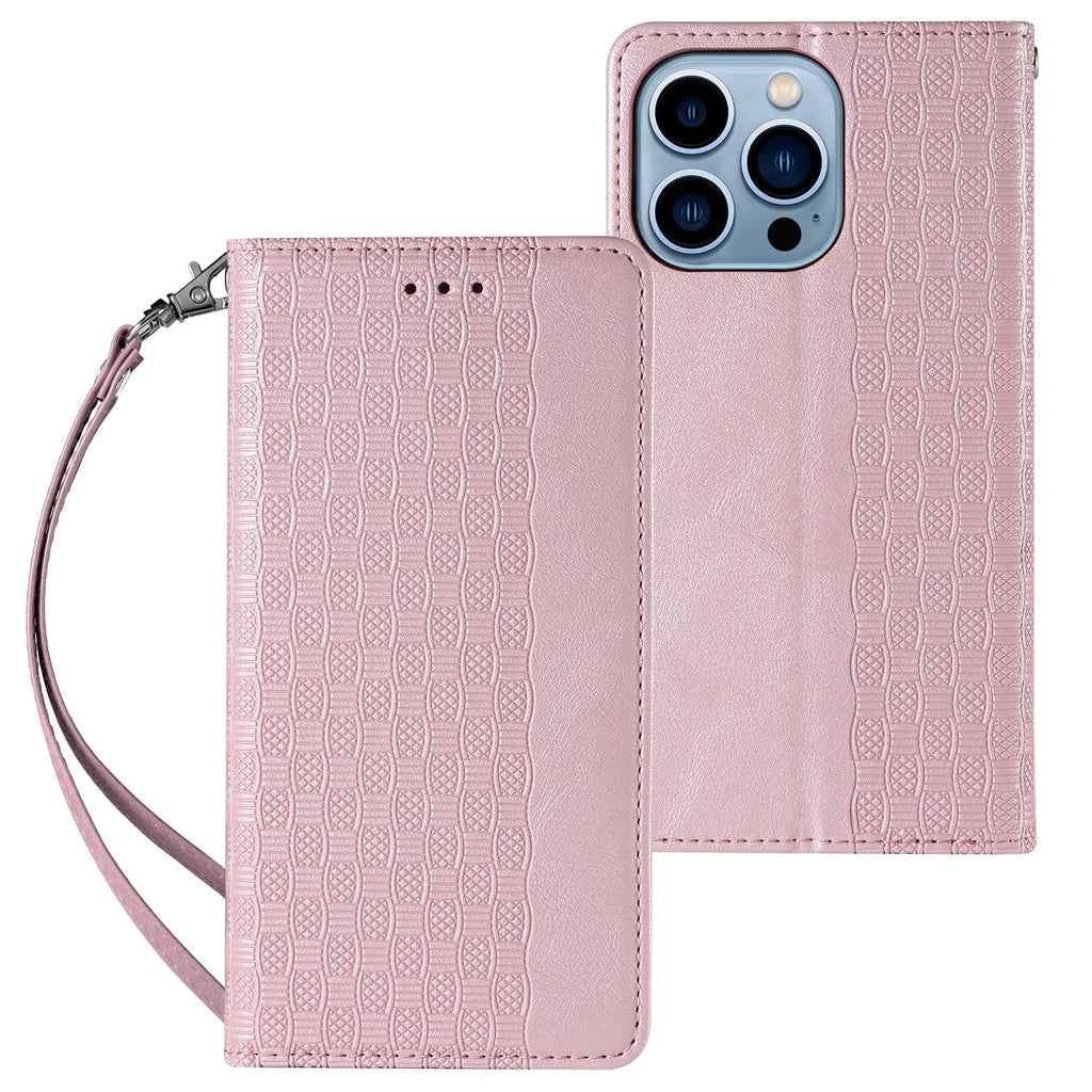 Embossed leather flip phone case for iPhone in black, shown open.