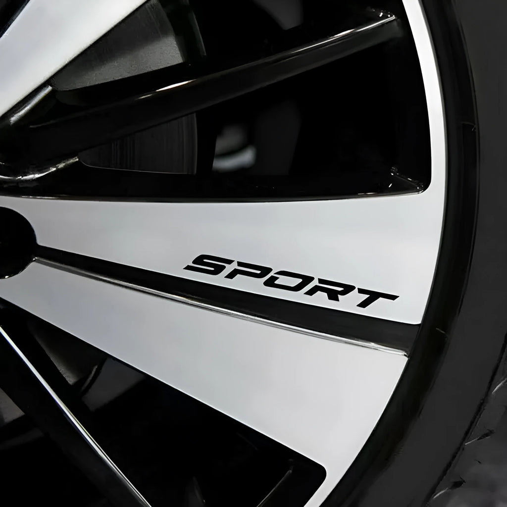 Four Car Personality Stretch SPORT decal stickers in sporty design, 13 cm long, black colour, on a car body panel