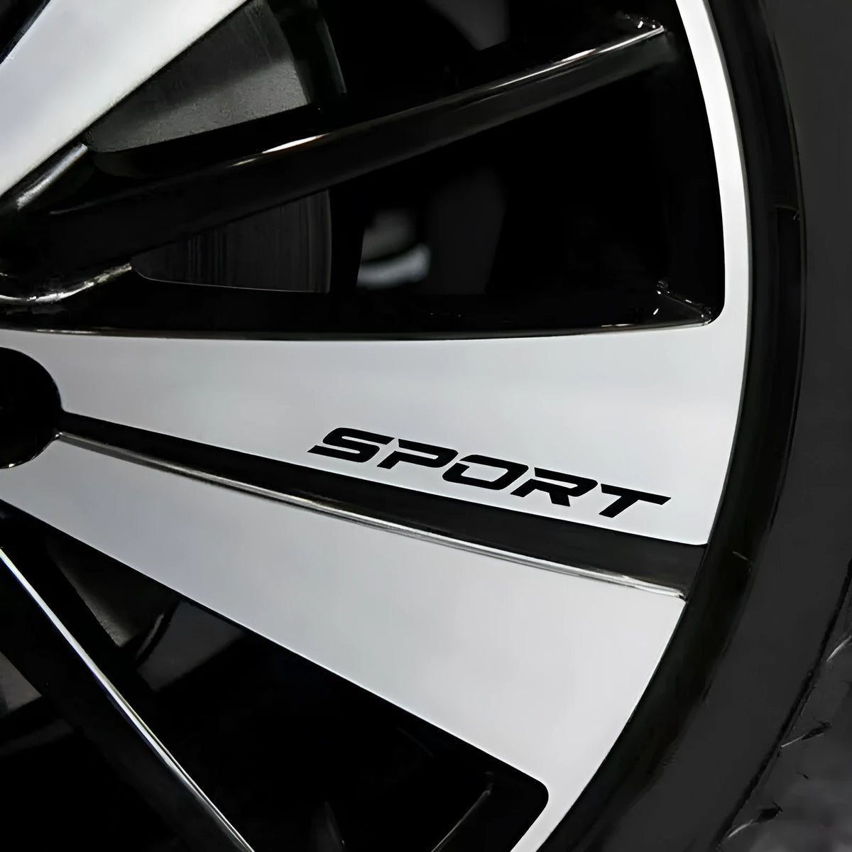 Four Car Personality Stretch SPORT decal stickers in sporty design, 13 cm long, black colour, on a car body panel