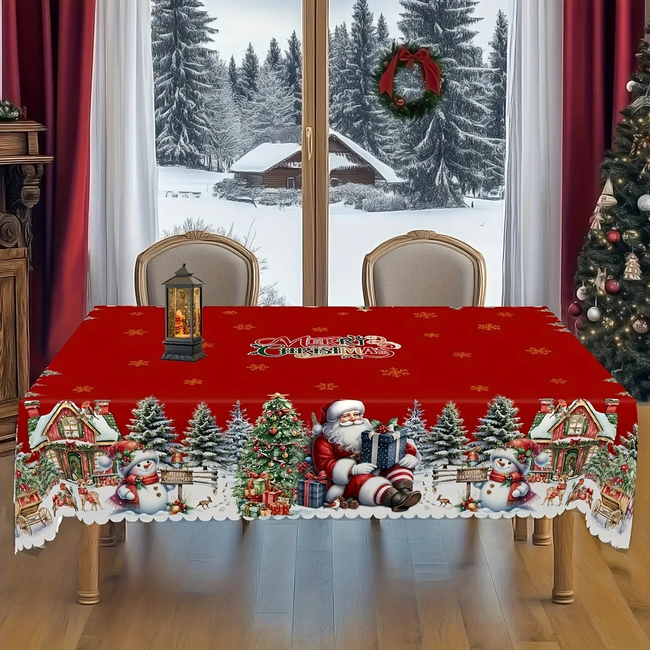 Round polyester Christmas tablecloth with snowflake and Santa print, 152cm diameter, non-slip and heat resistant