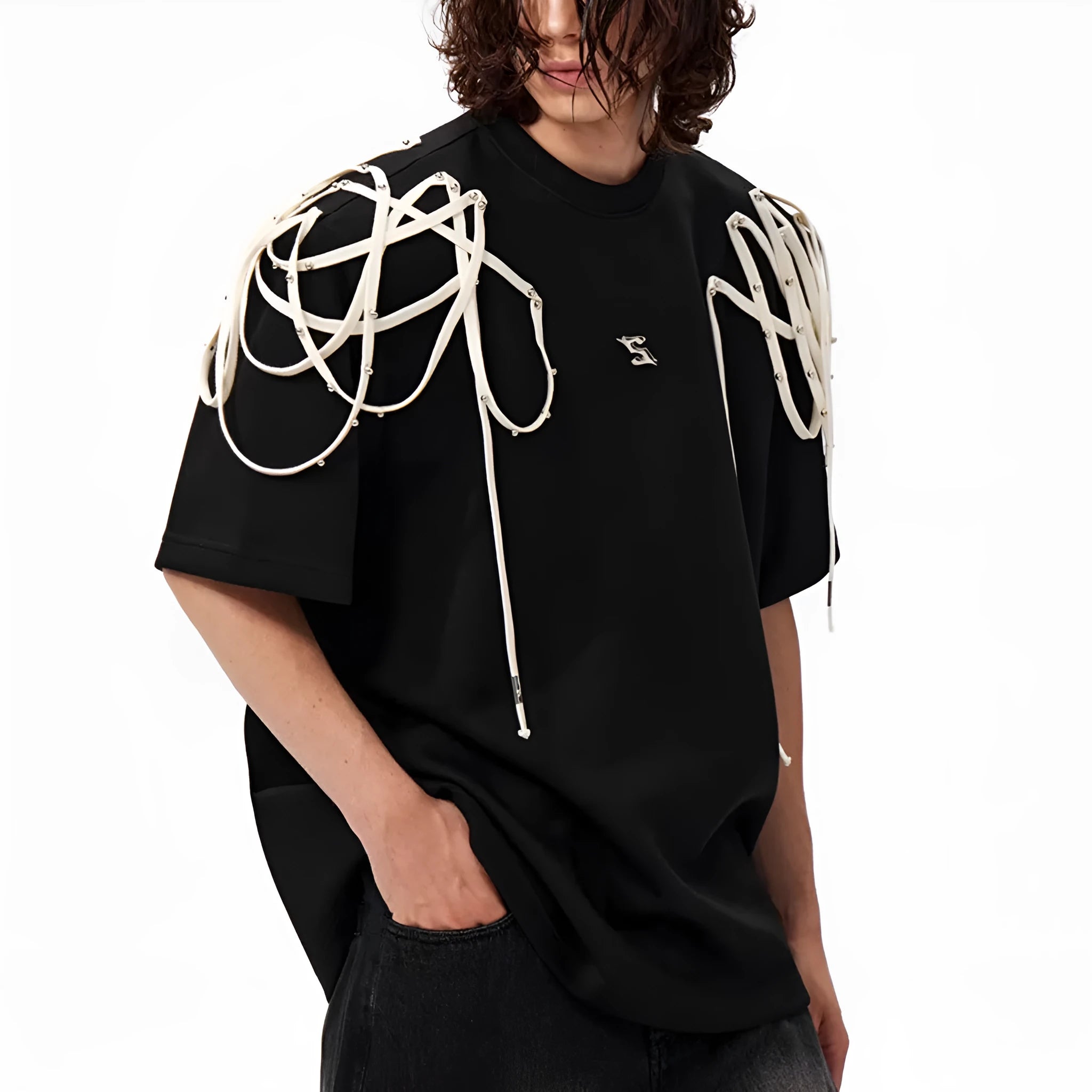 Black loose fit women's T-shirt with rivet ribbon padded shoulder detail and short sleeves