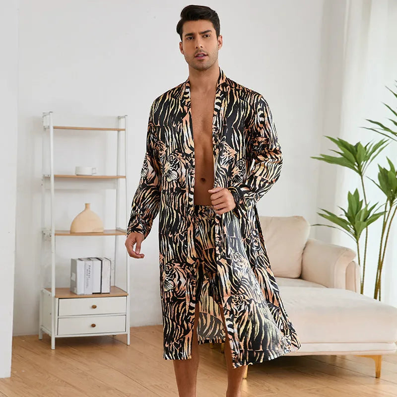 Men's tiger pattern long-sleeve bathrobe and matching shorts set on a hanger