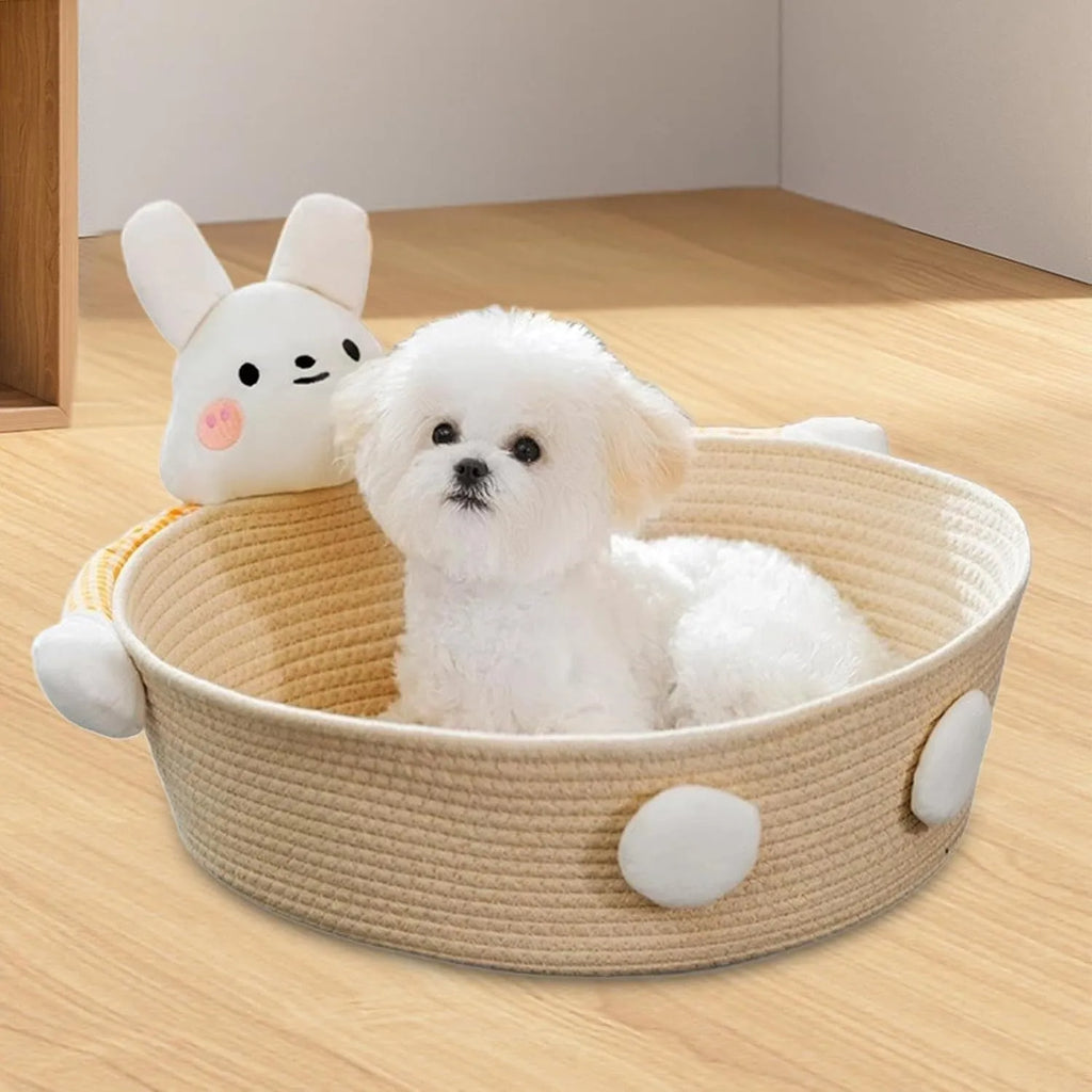 Woven cotton rope cat bed with integrated scratching board in basket design