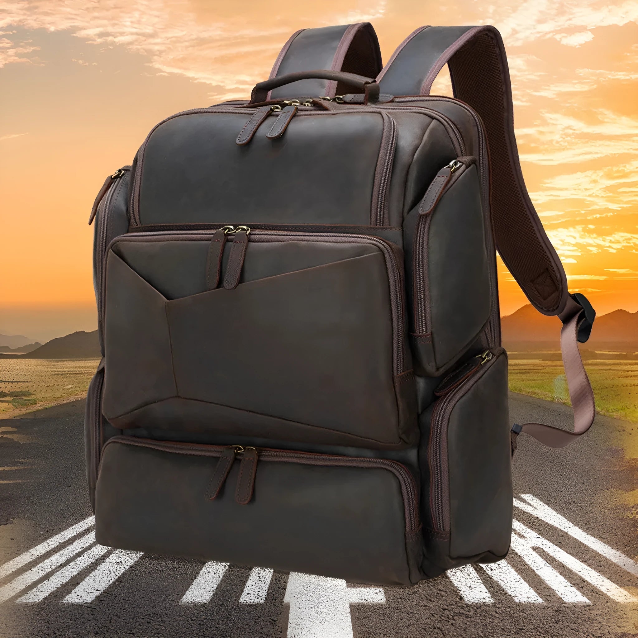 Dark brown retro genuine leather backpack for men showing front view with double straps and soft handle.