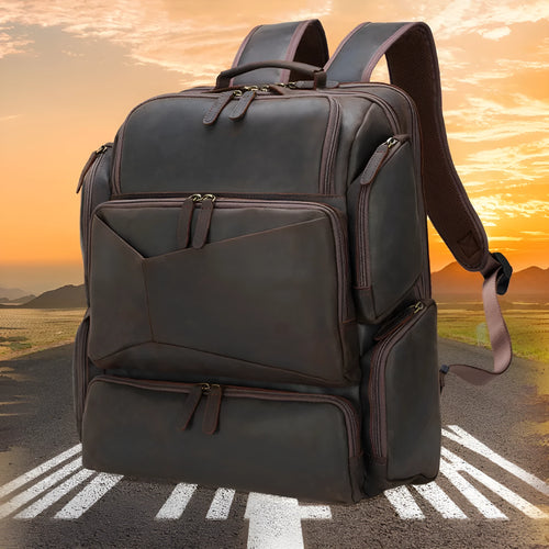 Dark brown retro genuine leather backpack for men showing front view with double straps and soft handle.