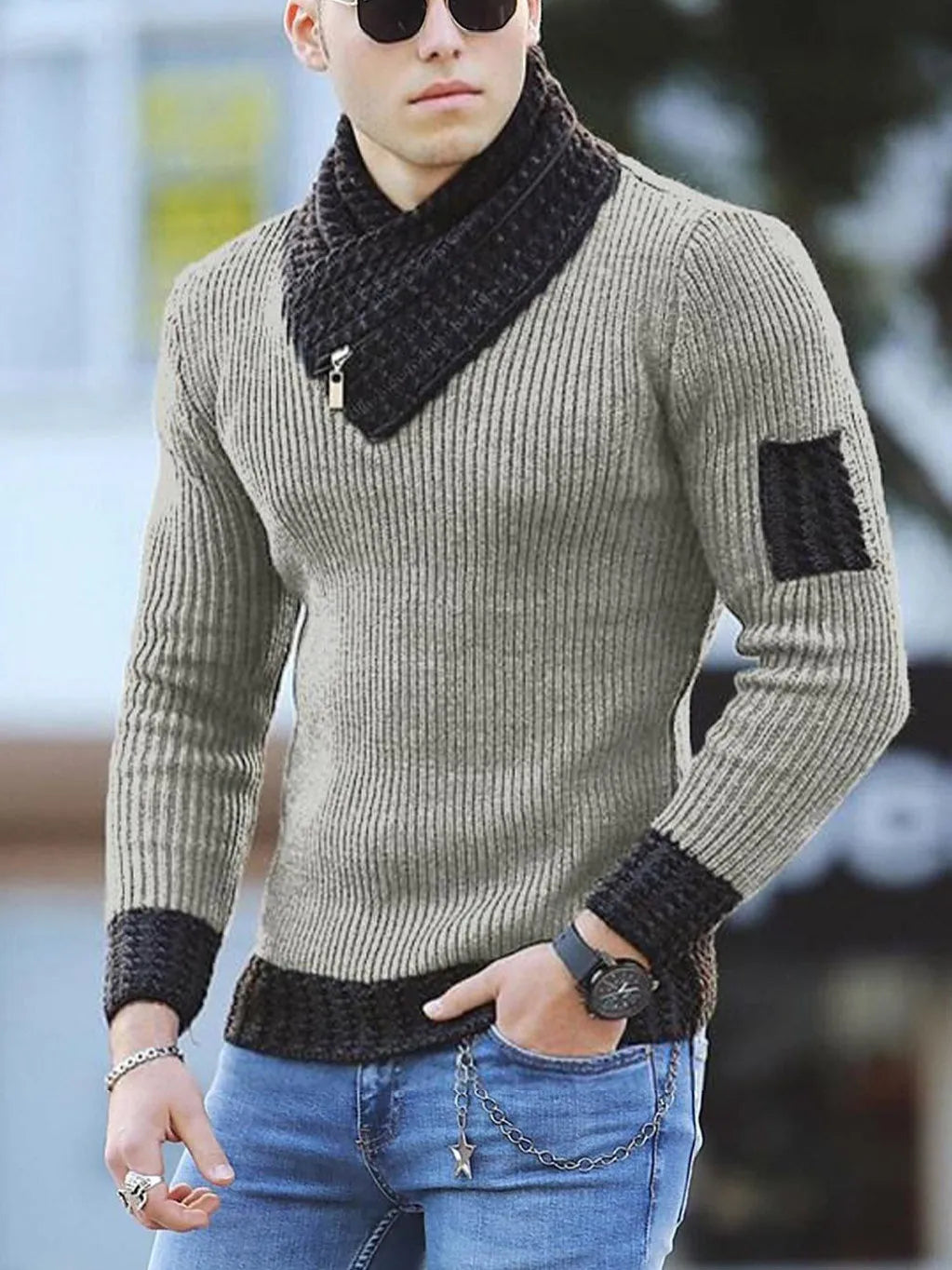 Men's casual slim knit pullover with scarf collar in khaki, ribbed bottom hem, long sleeves