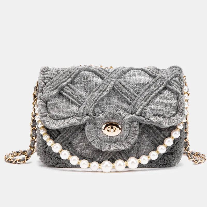 Lingge pearl bag cloth shoulder messenger bag with lock closure and geometric pattern in grey