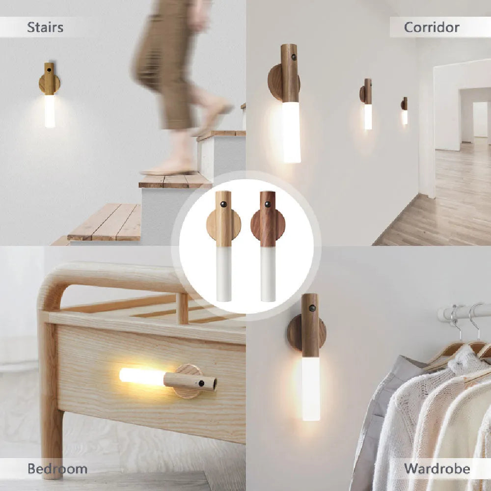 Auto LED USB magnetic wood night light with PIR motion sensor on wall, warm light