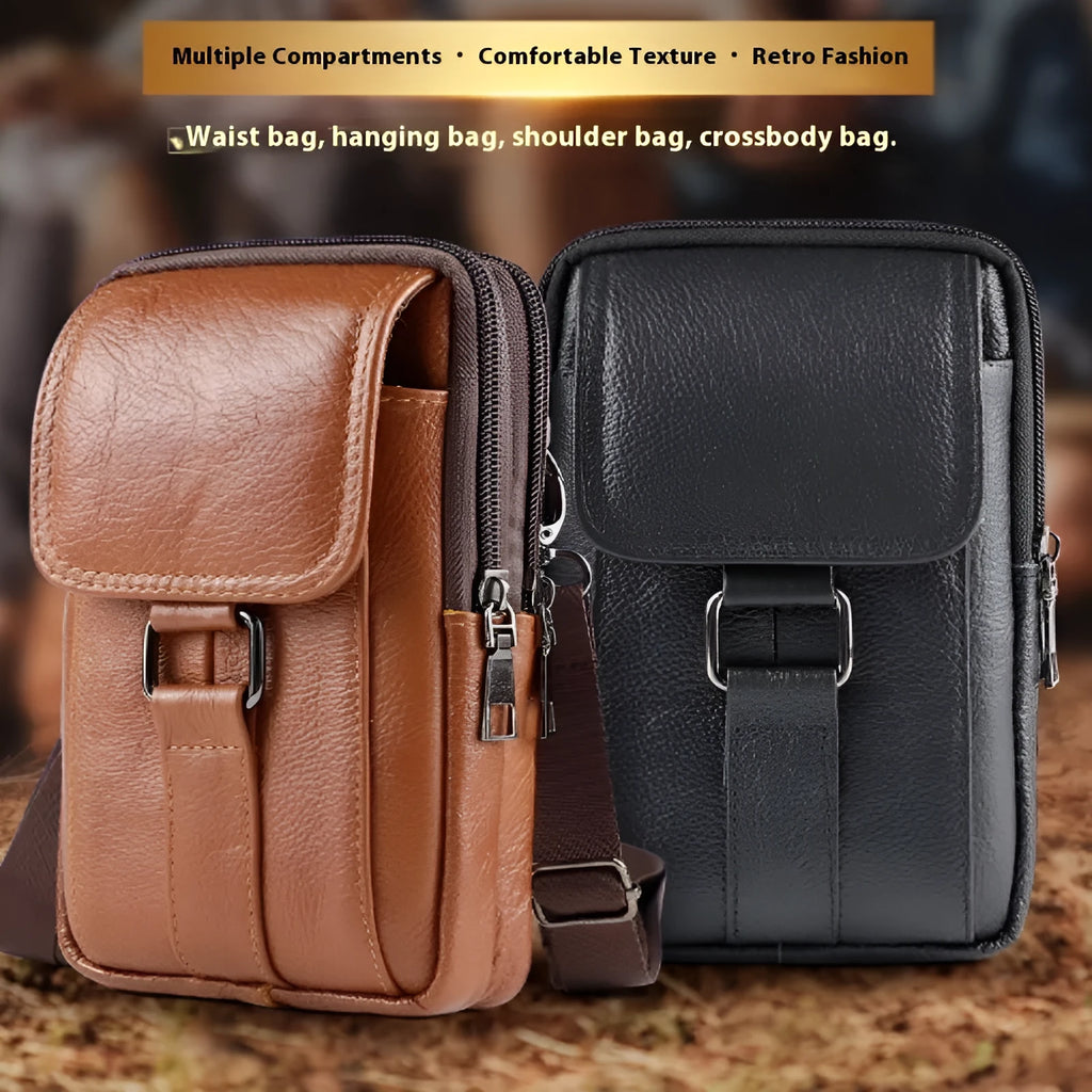 Men's black genuine leather crossbody waist bag with metal lock and coin pocket