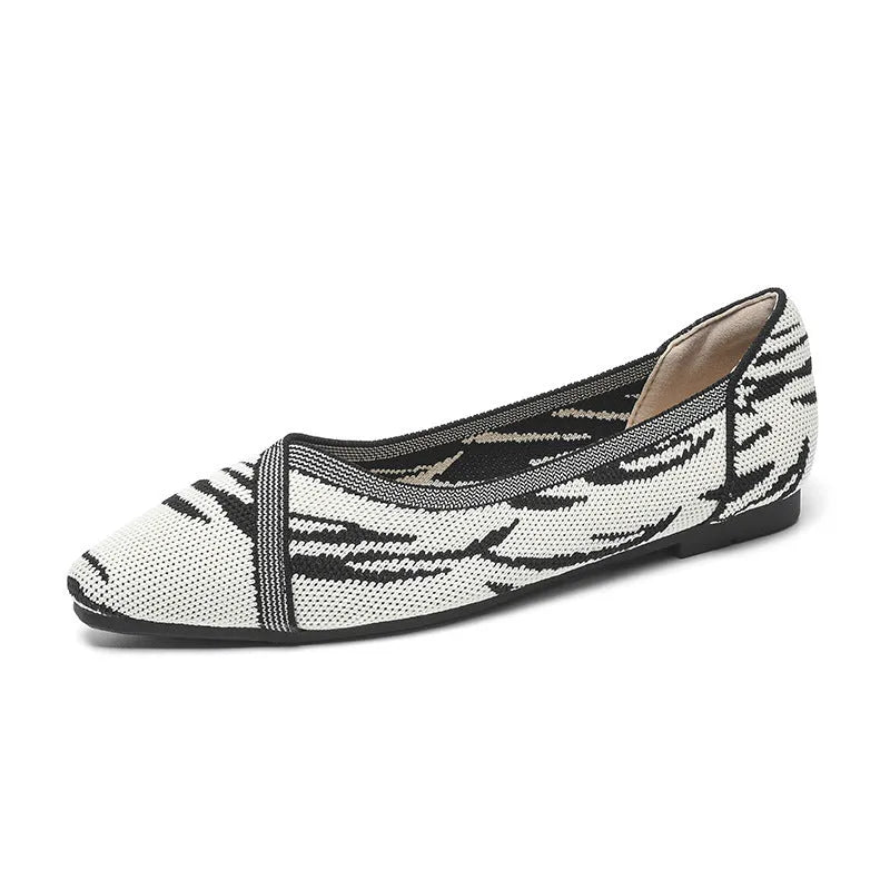 Women's Flyknit woven knitted flat shoes in Apricot Black colour, showing soft sole and knitted upper texture.
