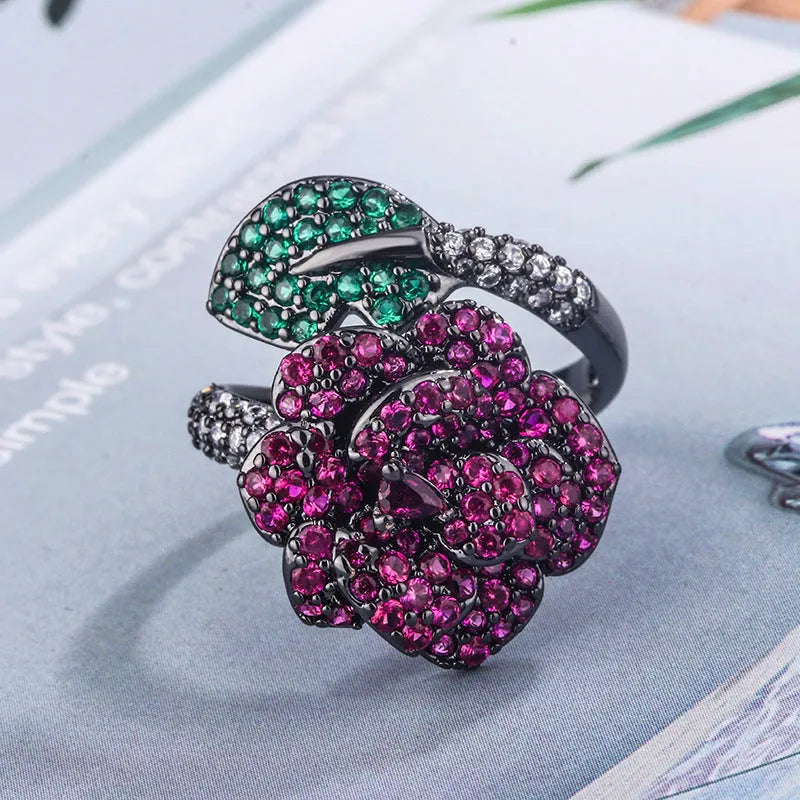 Geometric black gold ring with red corundum stone for women, gold-plated copper construction